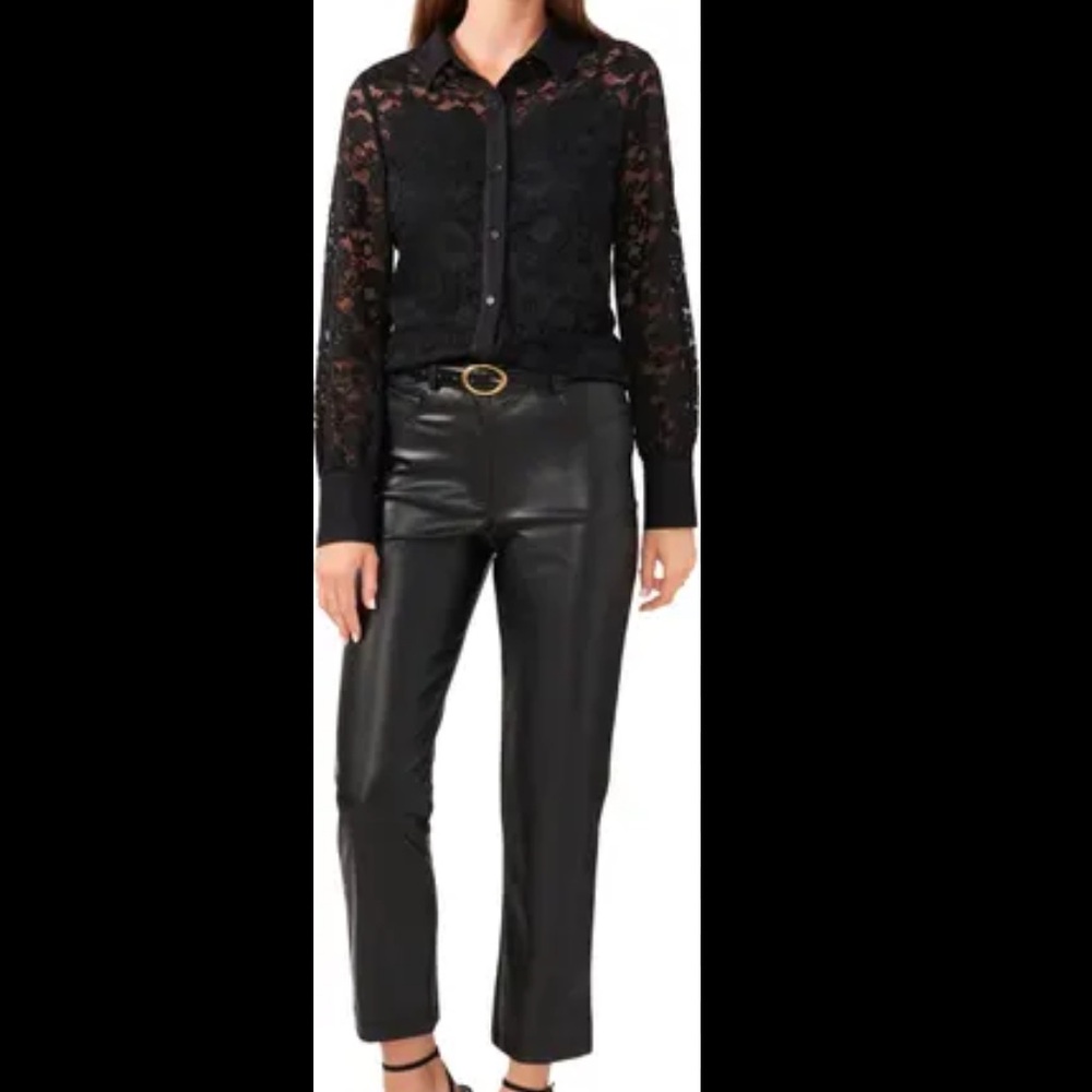 Black lace button-up shirt designed with leather look collar and cuffs